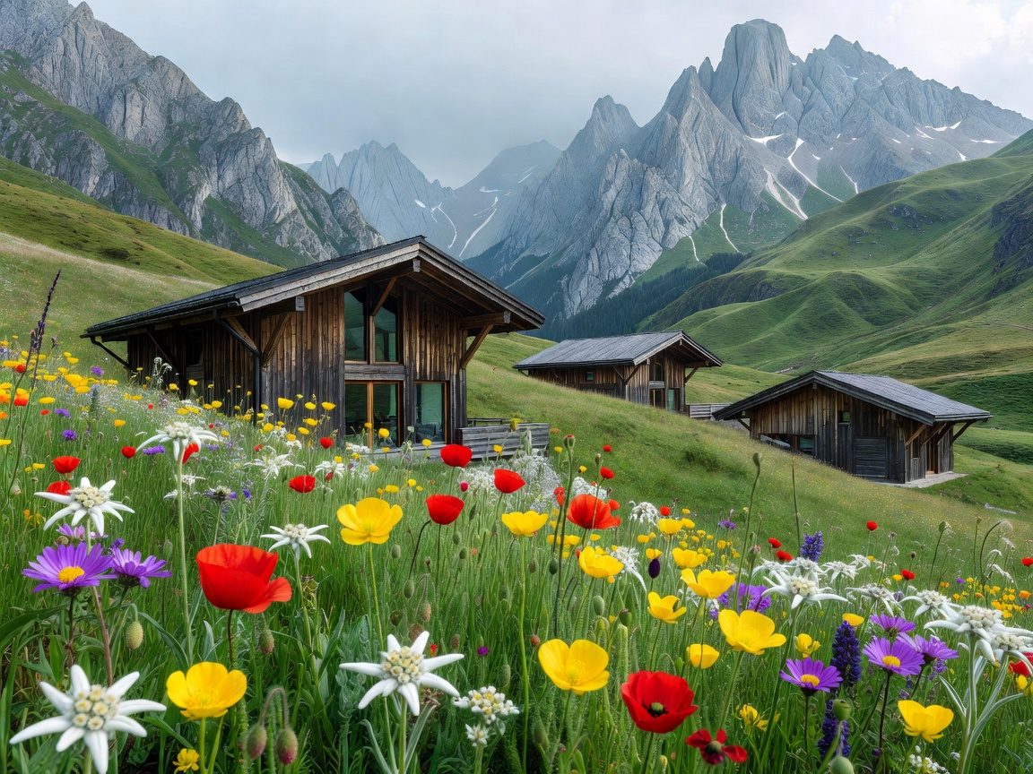 Alpine valley with contemporary wooden architecture barns nestled among wildflowers
