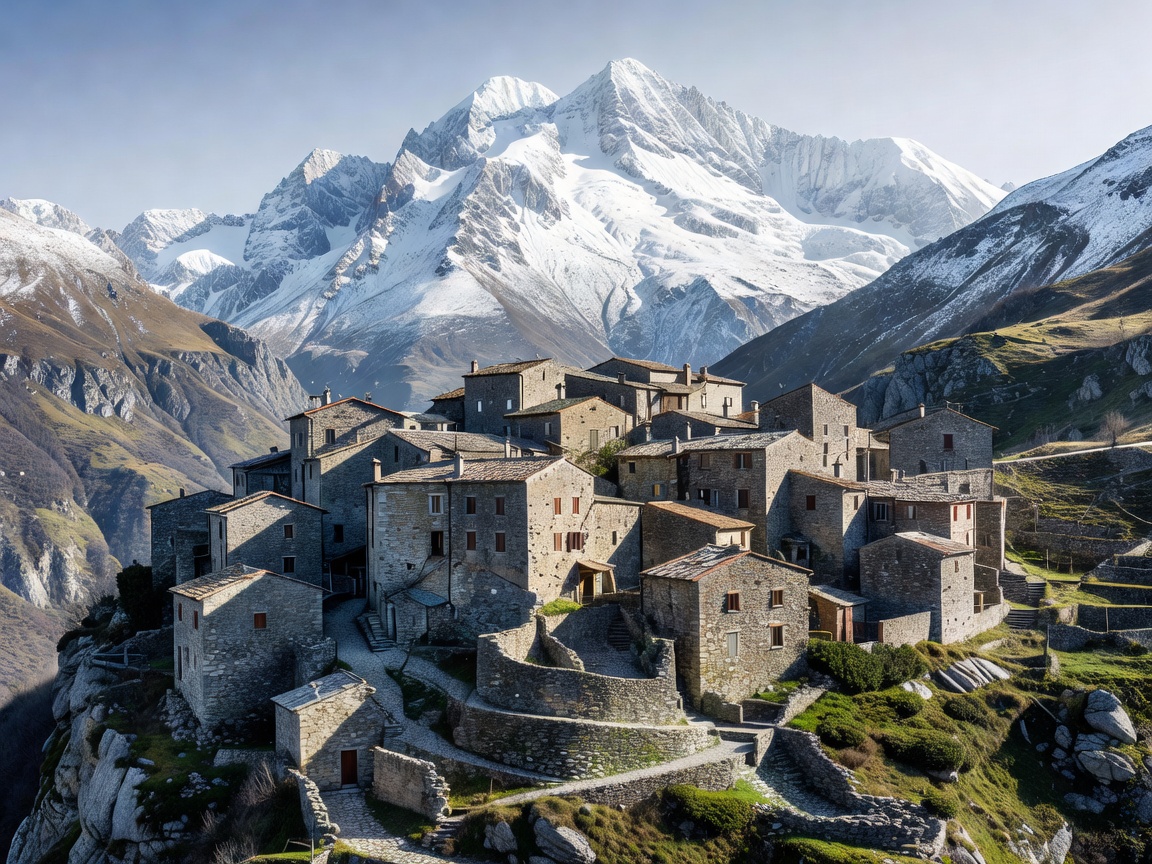 Cliffside ancient stone village nestled beneath massive snowcapped Apennine mountain peaks