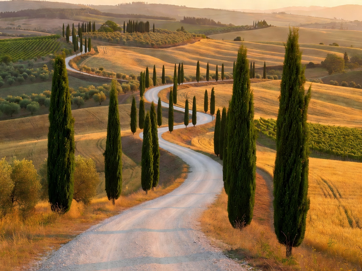 Cypress tree-lined white gravel road winding through rolling golden Tuscan agricultural hills