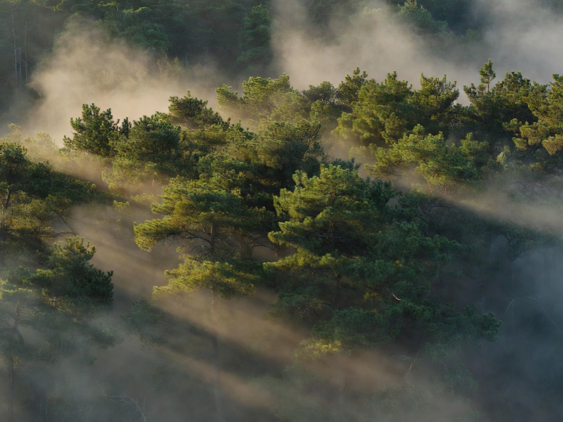Dense evergreen pine forest canopy with morning light filtering through deep mist