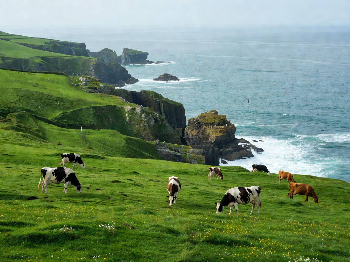 Green coastal cliff pastures with dairy cattle overlooking the Atlantic ocean in northern Spain
