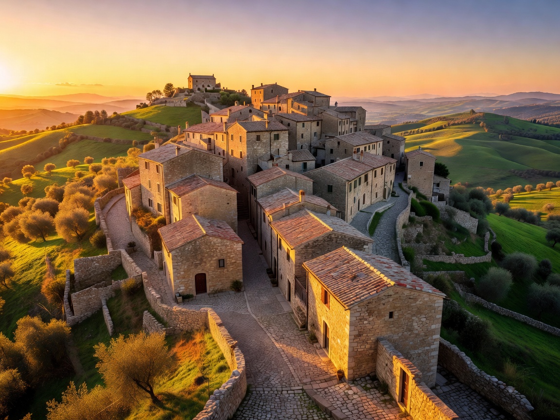 Medieval stone village perched on a green Italian hilltop during golden sunset