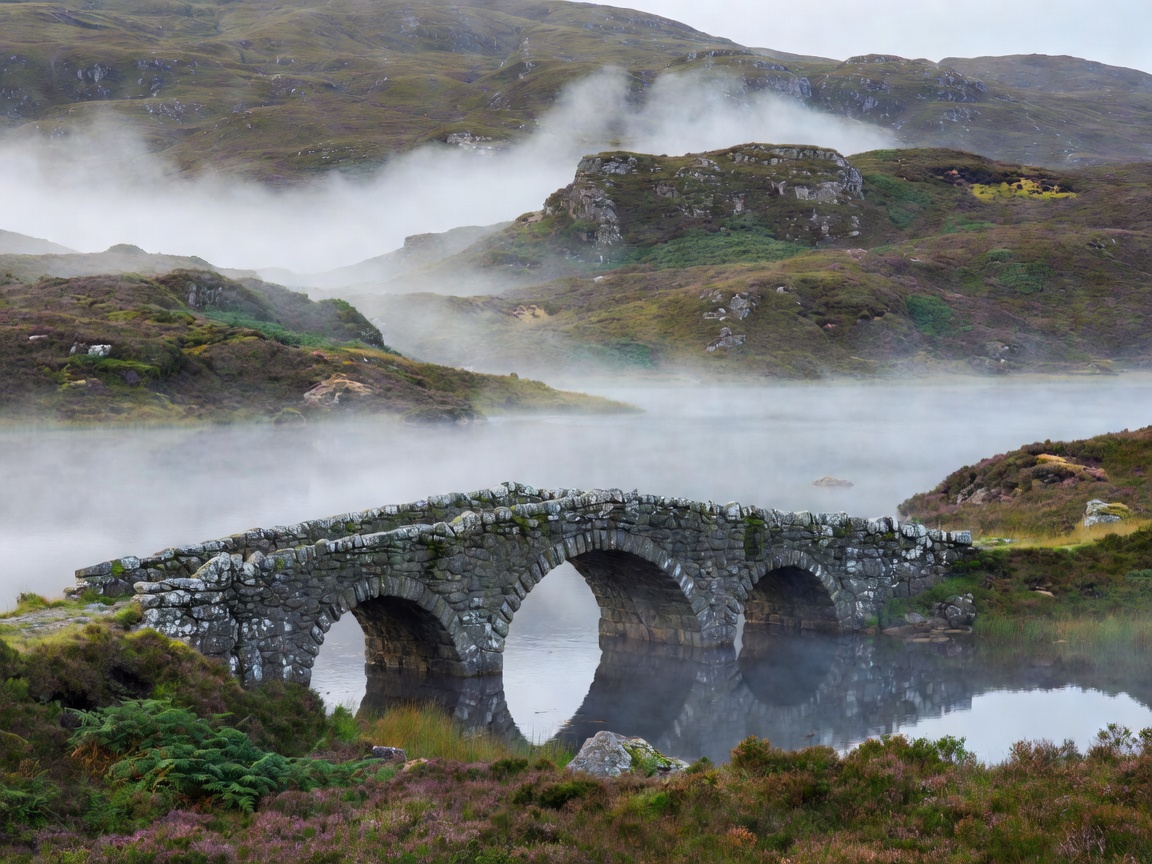 Misty Scottish loch with rugged moorlands and historic stone bridge