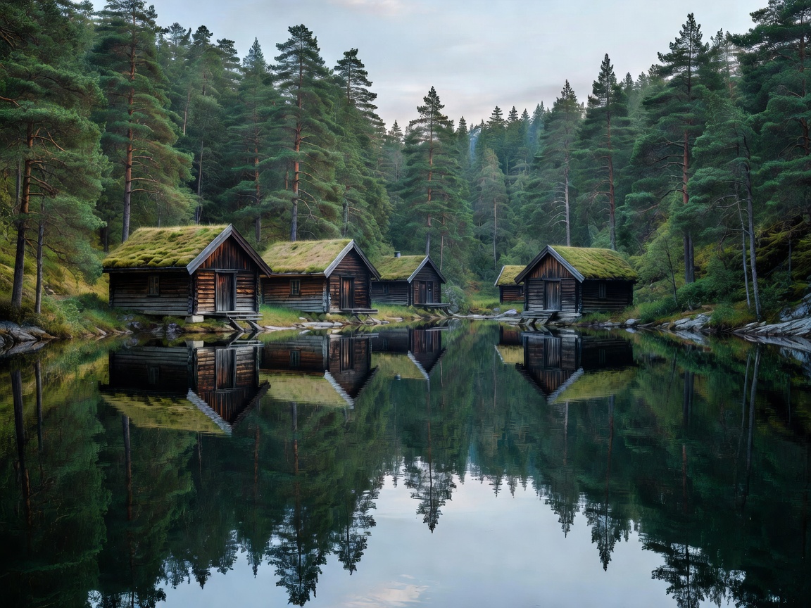 Norwegian wooden cabins reflected in a calm inland fjord surrounded by pine forests