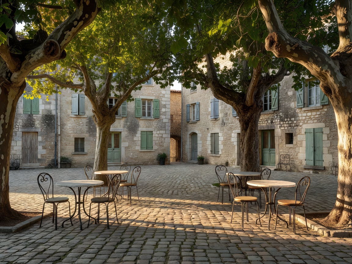 Quiet French stone village square with cafe tables under ancient plane trees