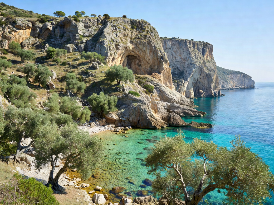 Rugged Greek coastal cliffs with crystal clear turquoise sea and olive groves