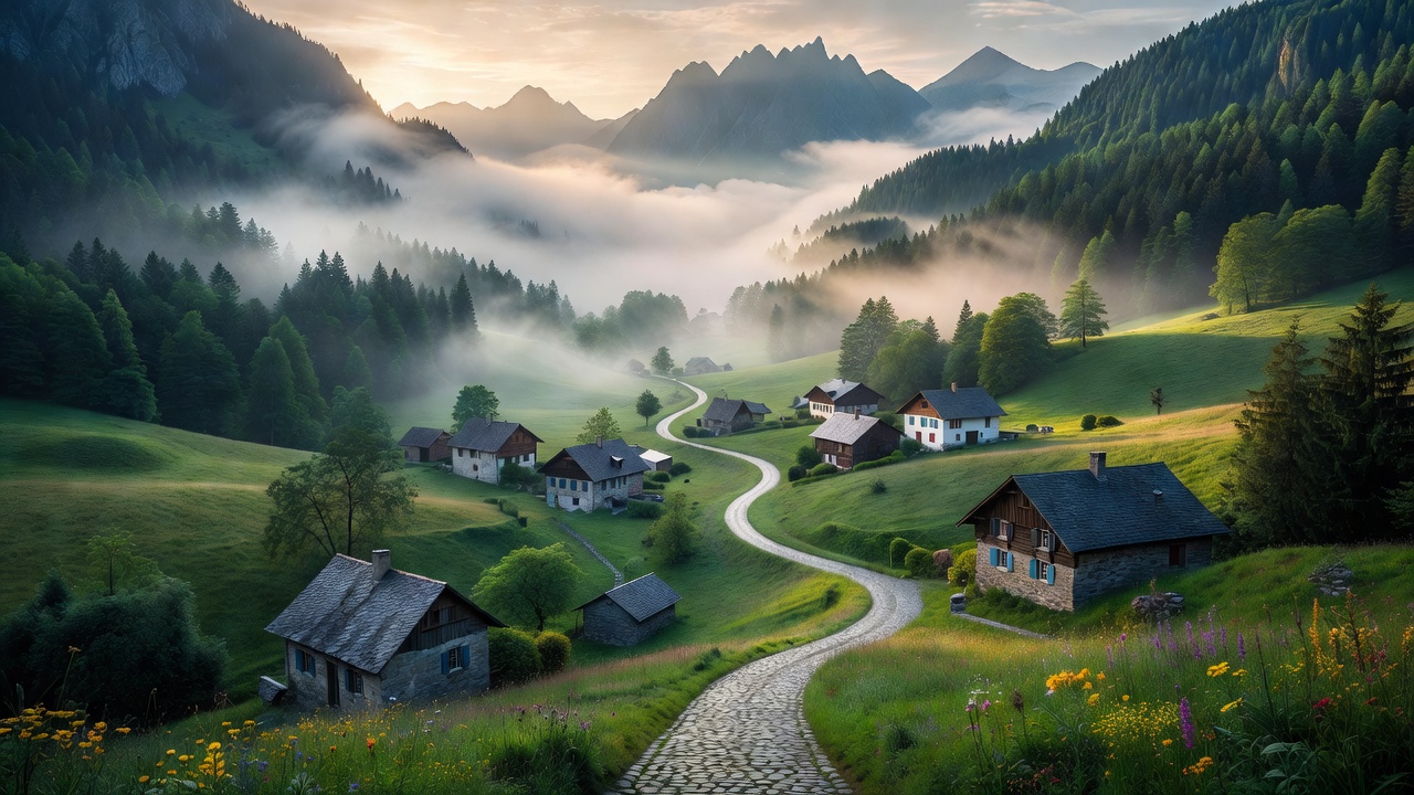 Scenic European mountain valley with misty morning fog and winding village road