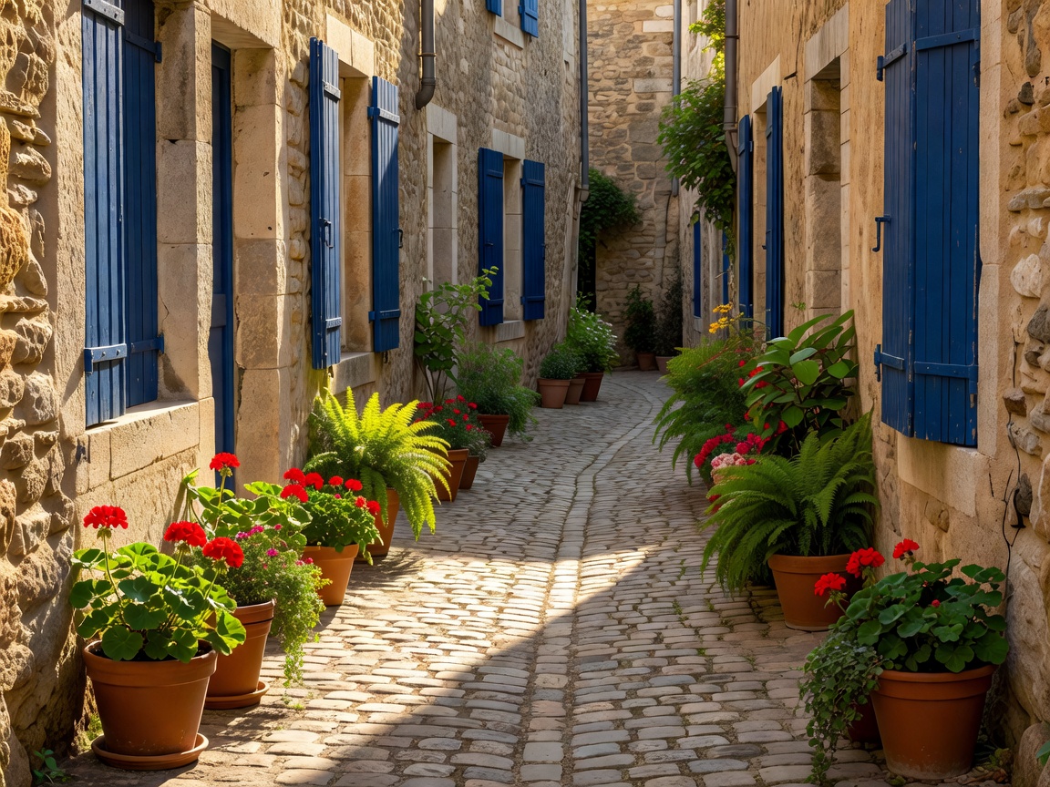 Sunlit French stone alleyway with terracotta plant pots and blue painted wooden shutters