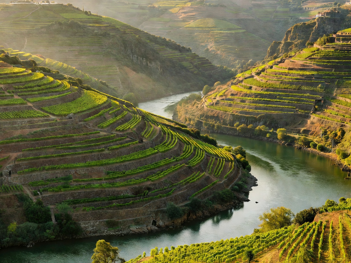 Terraced green vineyards along the Douro river gorge in northern Portugal