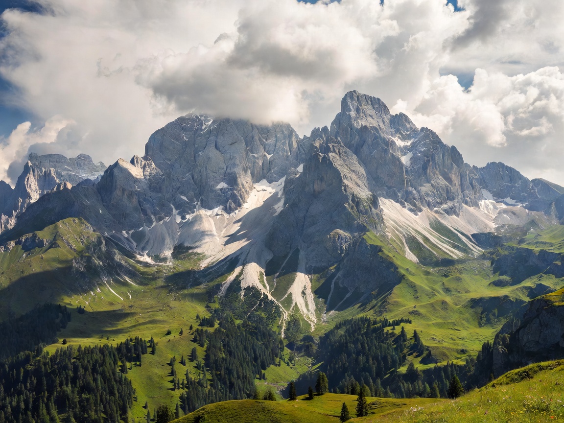 Towering limestone mountain peaks shrouded in dramatic cloud shadows above green alpine valleys
