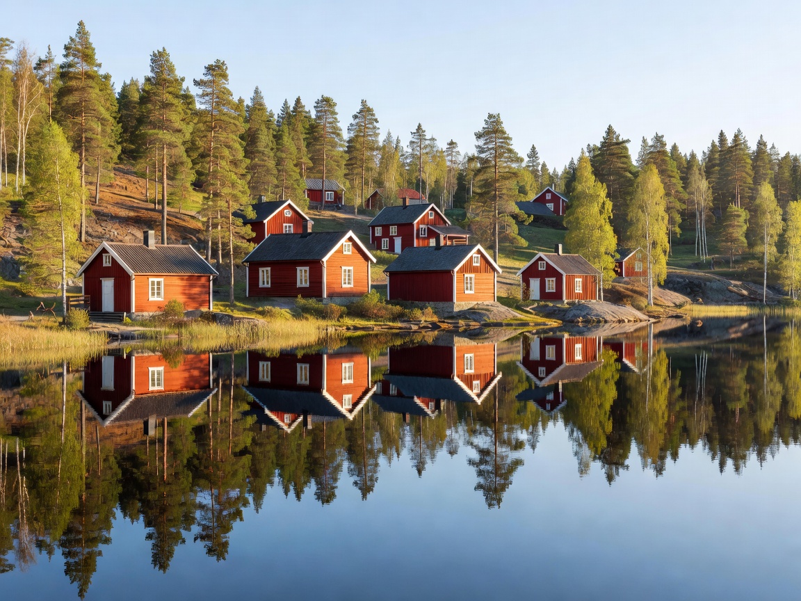Traditional red wooden Swedish houses surrounding a pristine mirror-calm northern lake