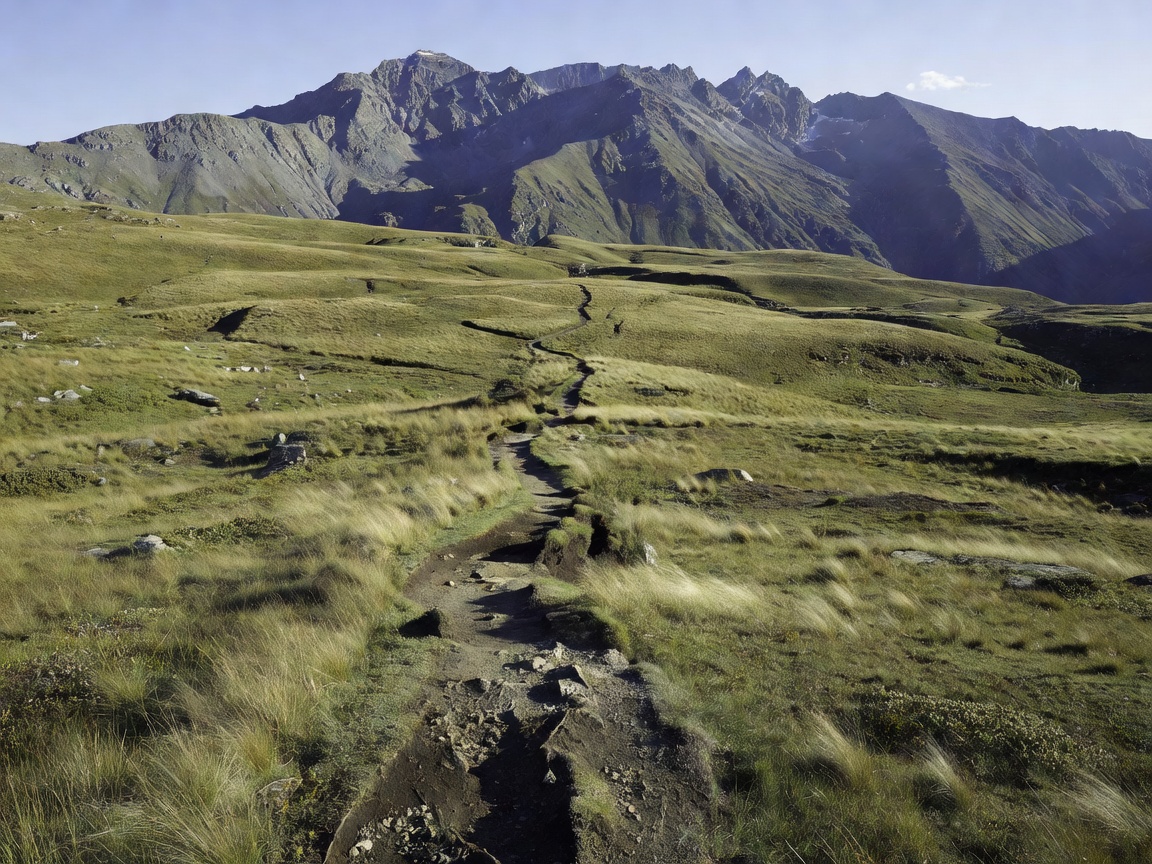 Winding single-track footpath across high alpine grass plateaus with mountain ridgeline background